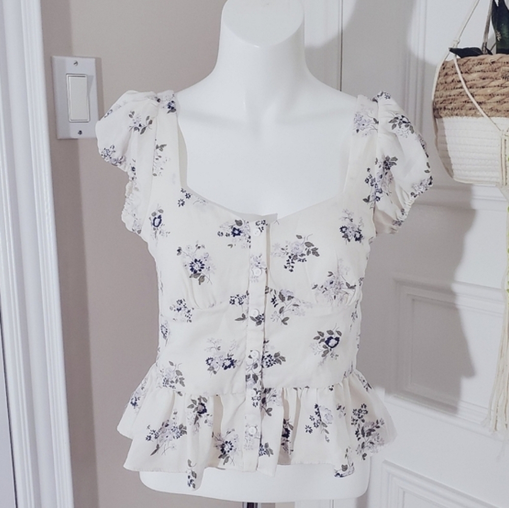 Vintage Floral Puff Sleeve Flounce Blouse